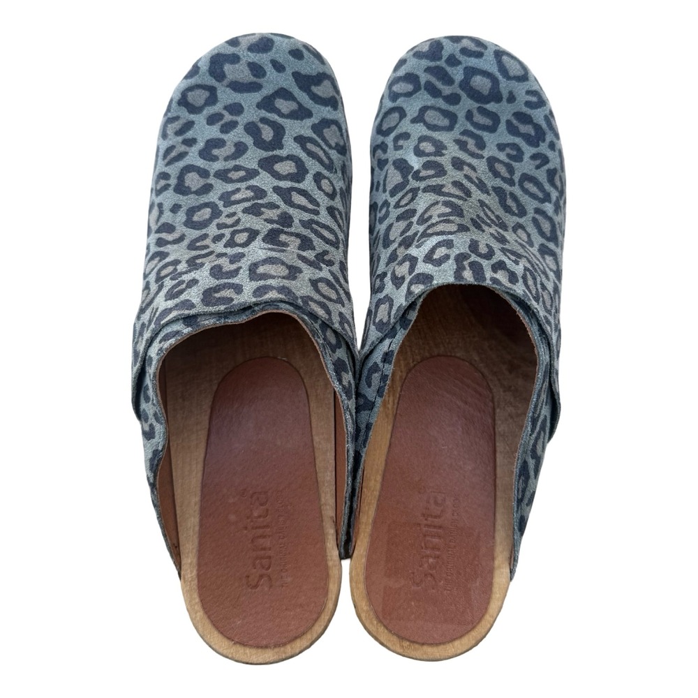 Sanita Leopard Print Suede Wooden Clogs Grey Black Animal Mules 40/9-9.5 - Picture 3 of 8